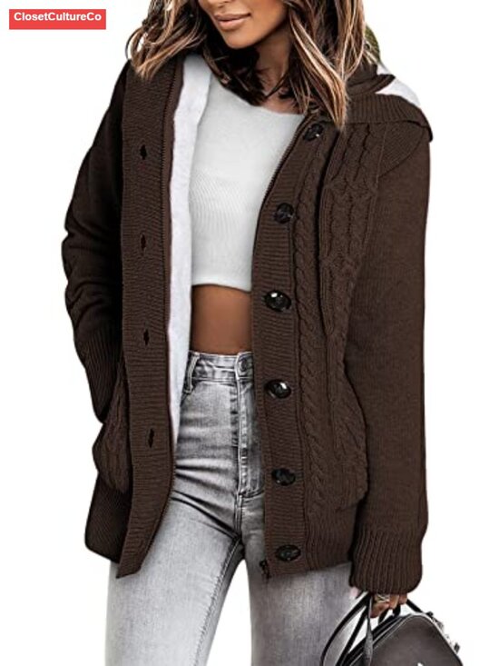 Sweaters - Hooded Fleece Lined Cardigan Sweater Zip Button Knit Winter Warm